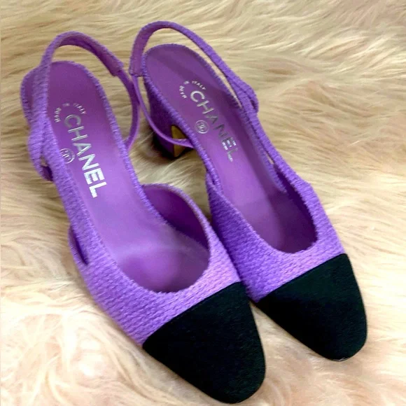 CHANEL Shoes Chanel Slingback Tweed Purple Cap Toe Heels
